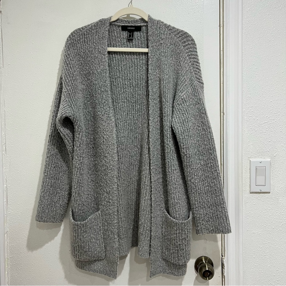 Forever 21 Gray Open-Front Knit Pocket Cardigan